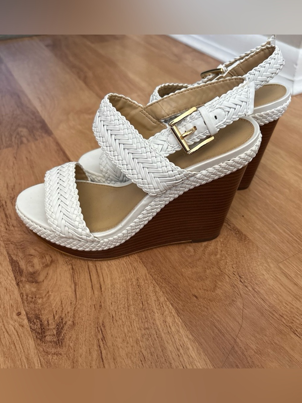 MICHAEL Michael Kors White Braided Wedge Sandals with Gold Buckle